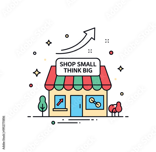 Shop small think big storefront icon with subtle upward arrow accent above the roof, symbolizing ambition, growth and pride in independent retail business.