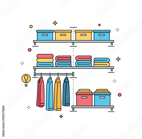 Closet organization refresh featuring neatly folded clothes and storage boxes arranged on repositionable shelves with subtle alignment guides, expressing