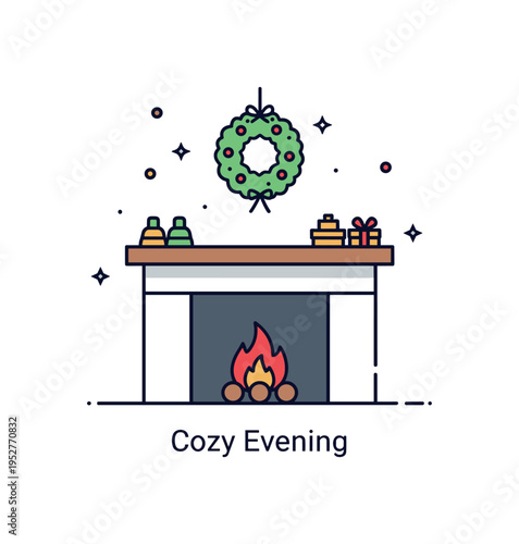 Fireplace mantel winter ambiance scene featuring a glowing fire icon within a simplified fireplace and a minimal wreath hanging above the mantel, expressing