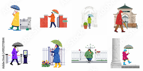 Set of flat vector illustrations depicting people in raincoats and boots, holding umbrellas while walking outdoors or entering locations like hospitals and parks.