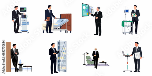 Collection of flat illustrations showing professional businessmen in various medical, hospital, and healthcare management scenarios, from patient care to administration.