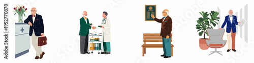 A series of illustrations showing a senior man interacting with medical staff and facilities in a professional healthcare environment.