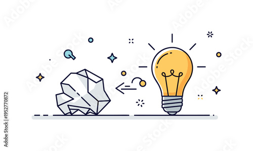 Creative breakthrough after failure concept featuring a crumpled paper transforming into a bright lightbulb icon, symbolizing experimentation, persistence, and