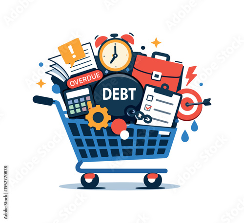 Late capitalism fatigue focused on a shopping cart icon overloaded with abstract symbols for work, debt, and expectations, suggesting emotional overload and