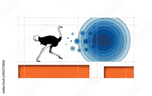 Black and white ostrich running in profile, concentric blue circles radiating from legs to suggest speed, orange rectangular blocks anchoring the lower