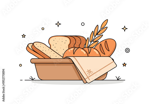 Fresh bakery assortment cozy basket holding sliced bread, soft rolls and a linen napkin folded at the side, conveying inviting breakfast atmosphere and