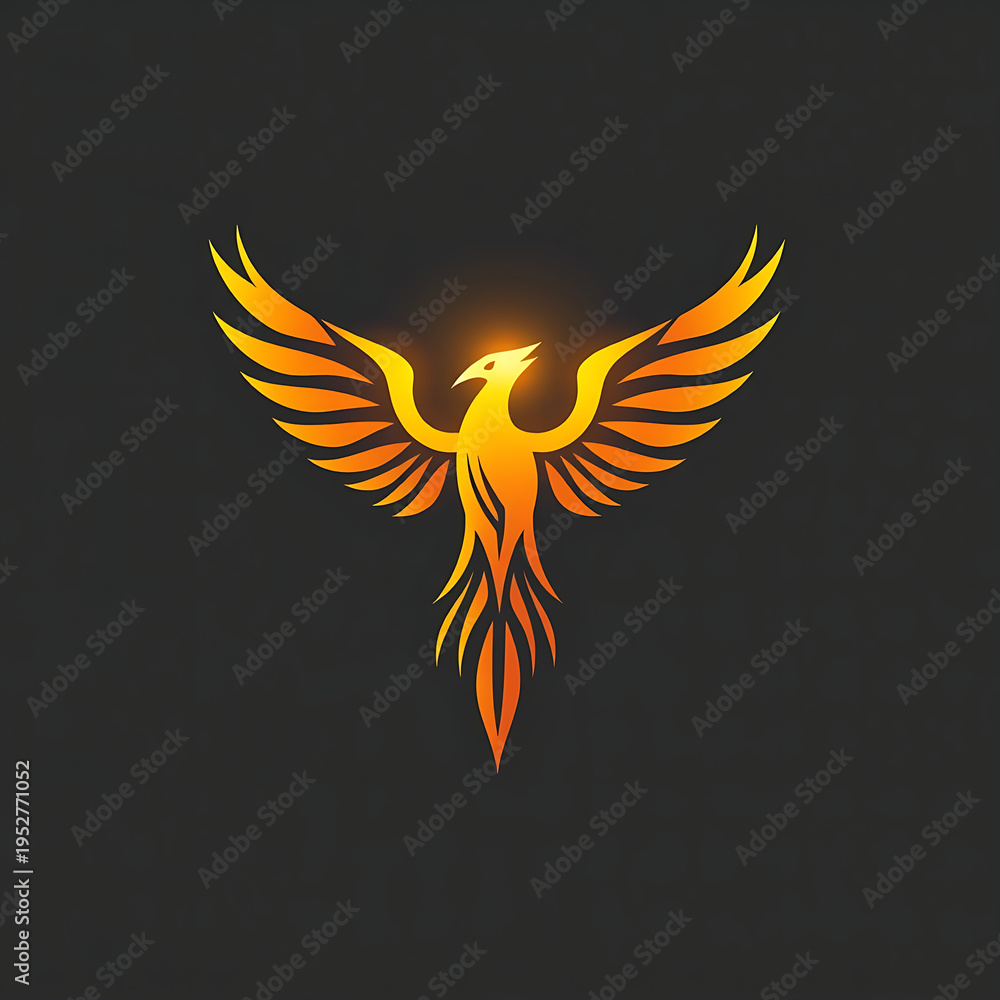 Fototapeta premium Powerful phoenix silhouette with flaming orange and yellow wings spread wide on a black background.