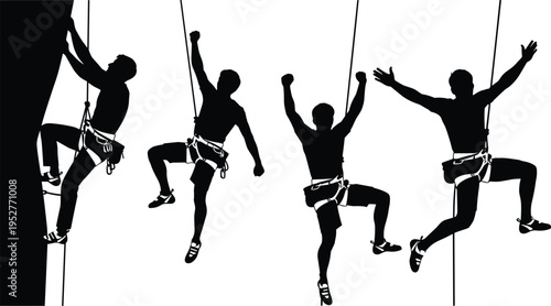 Dynamic silhouettes of rock climbers ascending and celebrating on ropes, showcasing adventure, teamwork, fitness, extreme sports, and outdoor climbing lifestyle with harnesses and safety gear.
