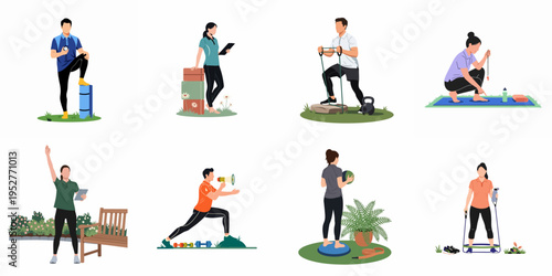 Set of flat vector illustrations featuring diverse personal trainers and fitness instructors conducting outdoor workout sessions with various exercise equipment.