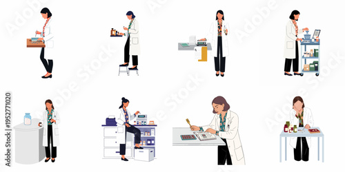 Flat illustration set of a professional female pharmacist performing tasks such as counting pills, organizing medications, and conducting research in a lab setting.