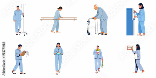 Set of diverse hospital patients in striped blue pajamas performing various daily activities like walking, eating, and physical therapy during their recovery process.