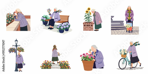 A set of flat vector illustrations depicting an elderly woman enjoying and caring for various flowers in different outdoor settings.