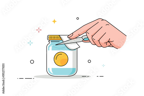 Person scraping the edge of a sticker off a jar with a fingernail, capturing focus, patience, and a simple domestic task. Minimalist flat vector illustration,