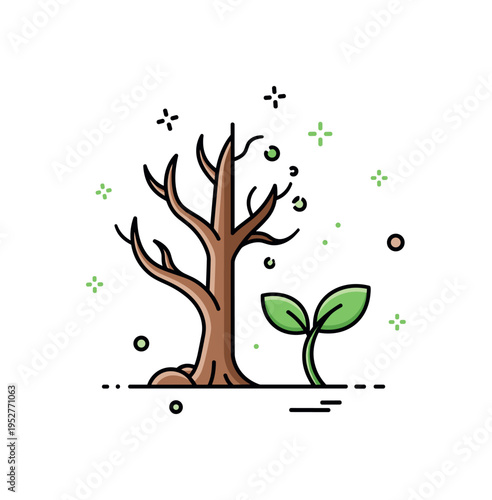 Environmental recovery contrast concept featuring a half barren tree blending into a small green sprout on the other side, symbolizing devastation alongside