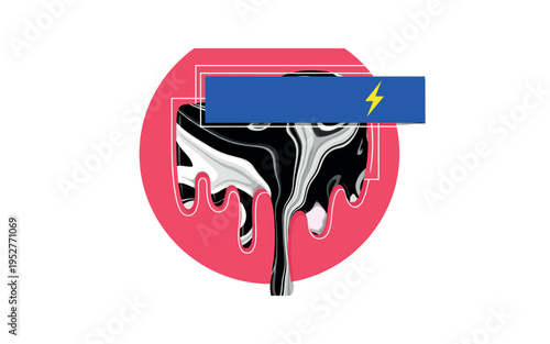 Black and white dripping gel polish texture enlarged as abstract shape, vivid pink circle backdrop, bright cobalt blue rectangular accent overlapping edge,