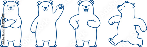 Friendly cartoon polar bear illustrations in multiple poses, standing, waving, smiling, and walking, outlined in blue, perfect for children’s books, educational materials, and playful design projects.