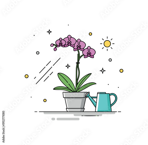 Caring for orchids at home elegant orchid in a simple pot placed near a small watering can and gentle sunlight rays, expressing patience and attentive daily