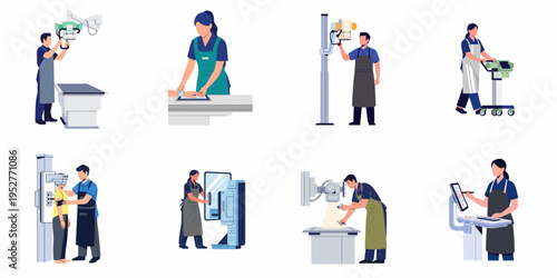 Flat vector illustrations set of radiology technicians and medical professionals operating various diagnostic imaging equipment like X-rays, MRI, and CT scanners.