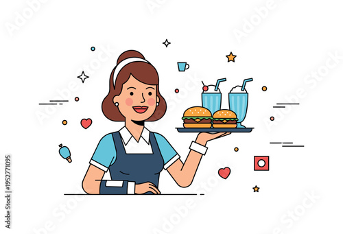 Retro waitress service smiling server carrying a tray with burgers and milkshakes, conveying friendly hospitality and fast paced diner culture. Minimalist flat