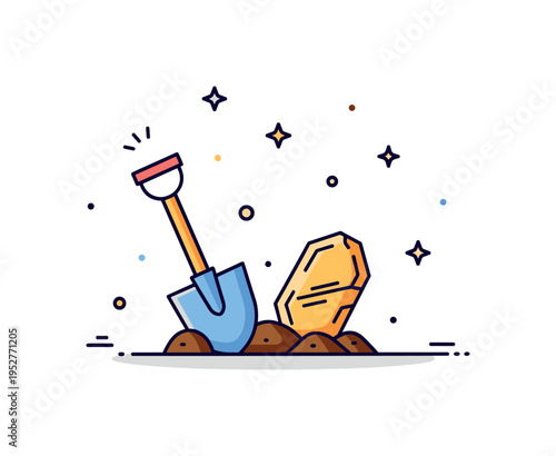 Archaeological discovery theme centered on a small shovel and partially unearthed artifact icon. The scene conveys exploration, curiosity, and uncovering