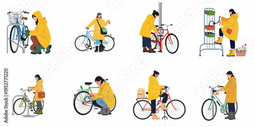Collection of flat vector illustrations featuring women in yellow raincoats locking and securing their bicycles in various urban settings.