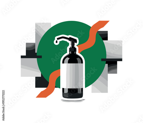 Black and white refill station pump bottle, bold deep green semicircle behind nozzle, burnt orange diagonal accent suggesting reduction flow, geometric blocks