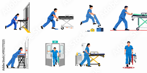 Vector set of emergency medical personnel in blue scrubs performing various urgent tasks with stretchers, gurneys, and equipment in a hospital setting.