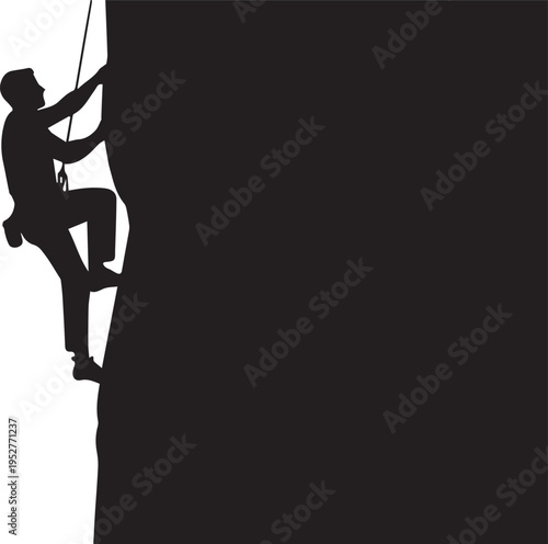 Dynamic black silhouette of a rock climber scaling a steep cliff, representing adventure, challenge, and the thrill of outdoor sport.