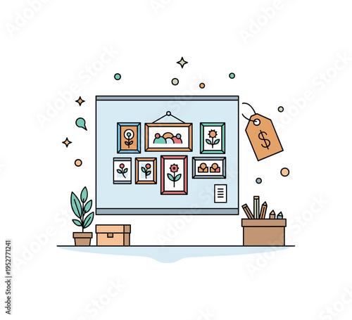 Art prints for sale in the studio scene centered around a small gallery wall with neatly framed illustrations and a subtle price tag icon,