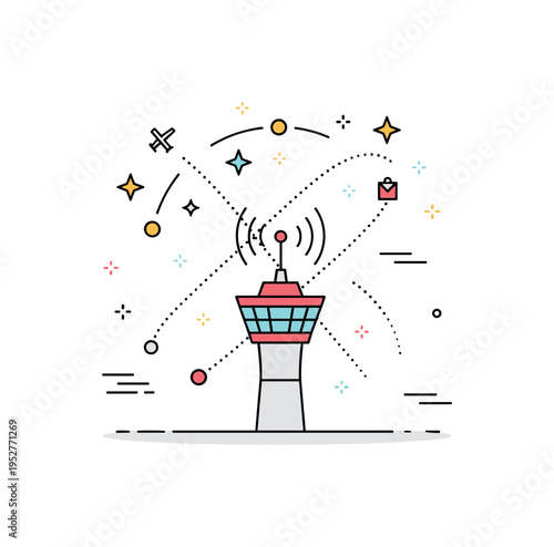 Flight path management concept centered on intersecting dotted routes around a simplified tower icon, representing controlled traffic and coordinated air