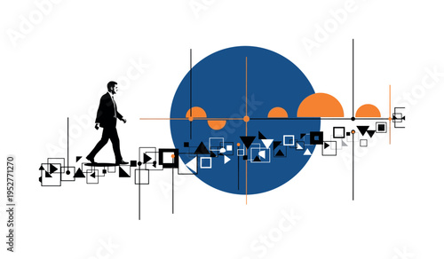 Black and white figure walking calmly along shoreline, oversized deep blue rectangular block contrasting behind the horizon line, sharp red semicircle accent