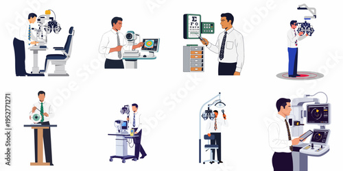 Set of flat illustrations featuring an ophthalmologist performing various eye exams and using professional diagnostic equipment for vision health.