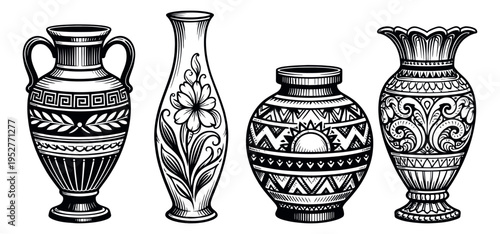 Line art vase set featuring diverse decorative styles for cultural themes