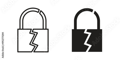Broken lock icon Line Design Vector Illustration. Solid Black icons