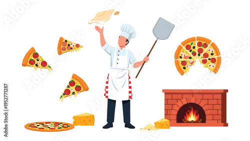 Chef's Pizza Creation: A chef expertly tosses dough while surrounded by ingredients and a finished pizza, capturing the culinary process in action.