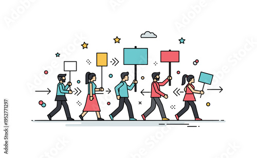 Community march illustration with simplified silhouettes walking forward holding signs, expressing momentum, activism, and organized civic participation.