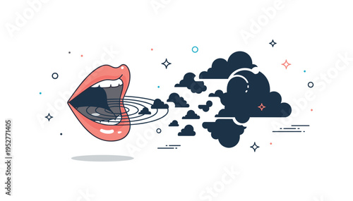 Echo in the void featuring an open mouth silhouette with concentric ripple lines dissolving into dark cloud shapes, symbolizing sound disappearing into