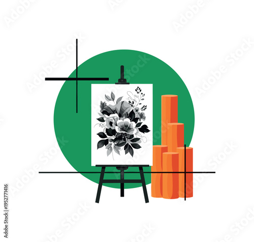 Black and white easel presenting abstract floral composition inspired by wild nature, large emerald circular frame behind canvas, orange cylindrical blocks