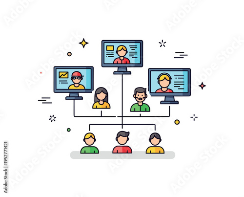 Control room teamwork small group of technicians connected by thin lines to shared monitors, expressing collaboration, communication and synchronized workflow