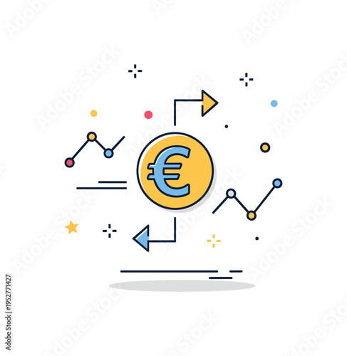 Euro exchange rate idea centered on a euro sign connected to two small directional arrows and a subtle graph line, expressing currency fluctuation and market