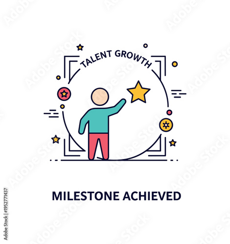 Talent growth personal milestone badge showing a simplified person icon reaching toward a star framed within a circular composition, expressing accomplishment
