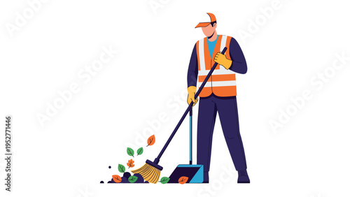 Cleaning the path: A city worker diligently sweeps fallen leaves, contributing to a cleaner, more vibrant environment. A symbol of community care and environmental responsibility.