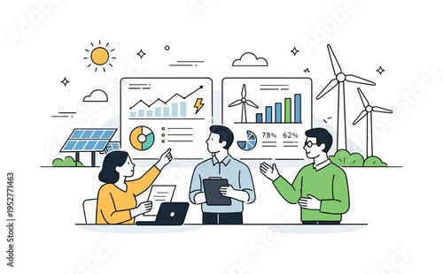 Sustainable energy management. People reviewing clean energy dashboards while solar panels and wind turbines appear in the background. A calm editorial scene