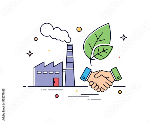 Sustainable business practices factory silhouette combined with a leaf and a handshake symbol, conveying environmental responsibility and ethical partnerships.