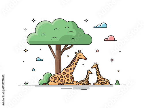 Giraffes resting under the shade of a tree during a warm day, with calves lying nearby, highlighting nurturing behavior and calm natural environment.