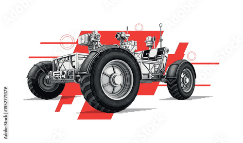 Black and white close-up of lunar rover wheel with mechanical details, combined with bold red rectangular shapes and diagonal lines creating dynamic motion,