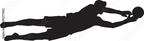 Dynamic black silhouette of a goalkeeper or player diving horizontally to save or catch a ball, representing intense sports action and athleticism.