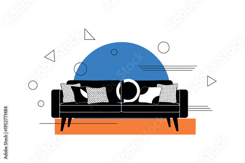 Black and white sofa with patterned cushions simplified into graphic shapes, bright blue semicircle behind as accent wall, orange rectangular block grounding