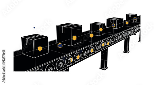 Black and white realistic conveyor belt transporting packages, boxes simplified into bold geometric blocks, thin grid lines and circular markers indicating