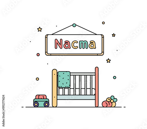 Customized nursery decor baby room scene with a small crib and a wall sign displaying a child?s name in soft rounded letters. A gentle editorial illustration